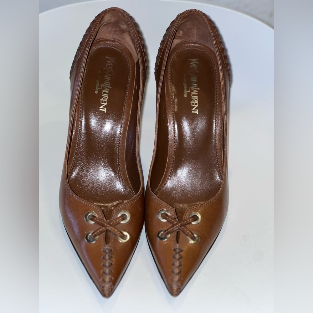YVES SAINT LAURENT brown leather cross-stitch studded heels